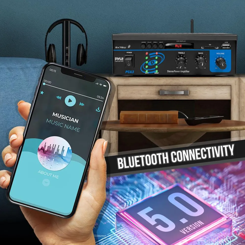 Mini Bluetooth Stereo Amplifier - 150W Power, RCA Input, Blue LED Display