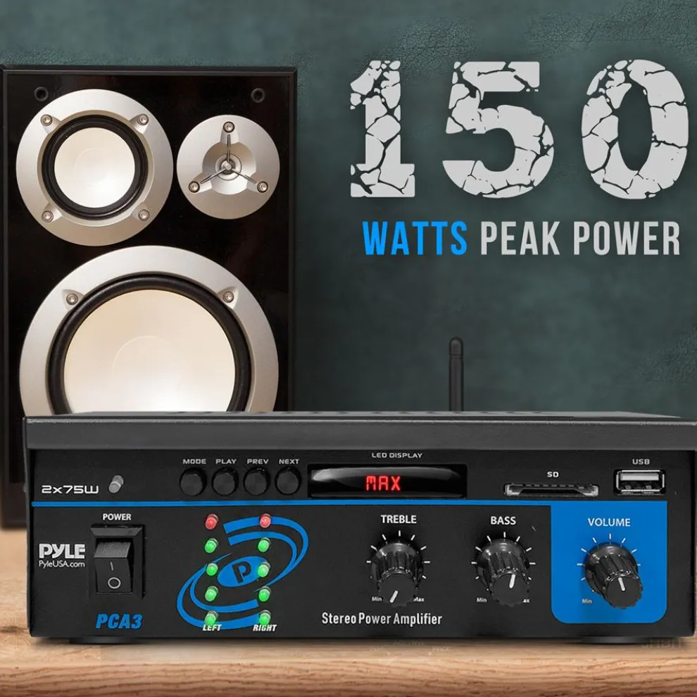 Mini Bluetooth Stereo Amplifier - 150W Power, RCA Input, Blue LED Display