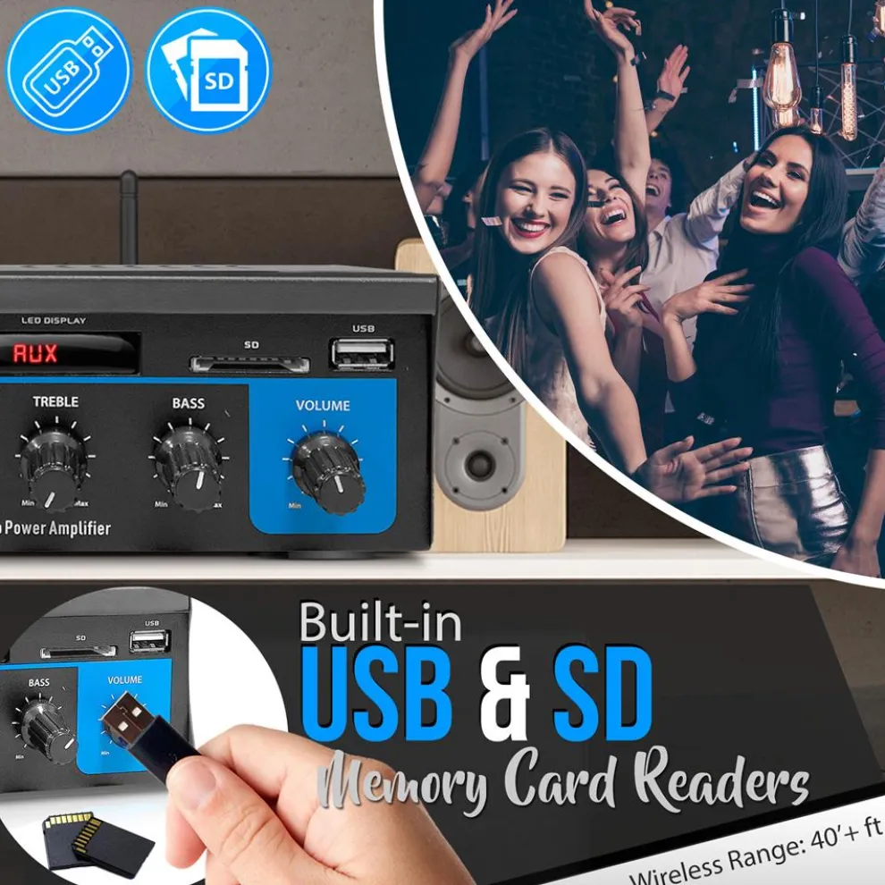 Mini Bluetooth Stereo Amplifier - 150W Power, RCA Input, Blue LED Display