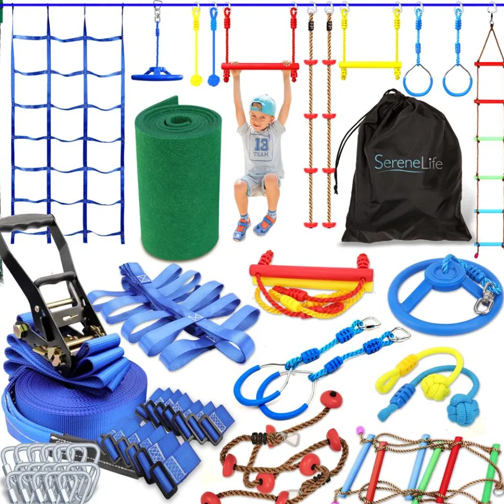 Ninja Warrior Obstacle Course 50ft Slackline Set with 18 Attachments Blue