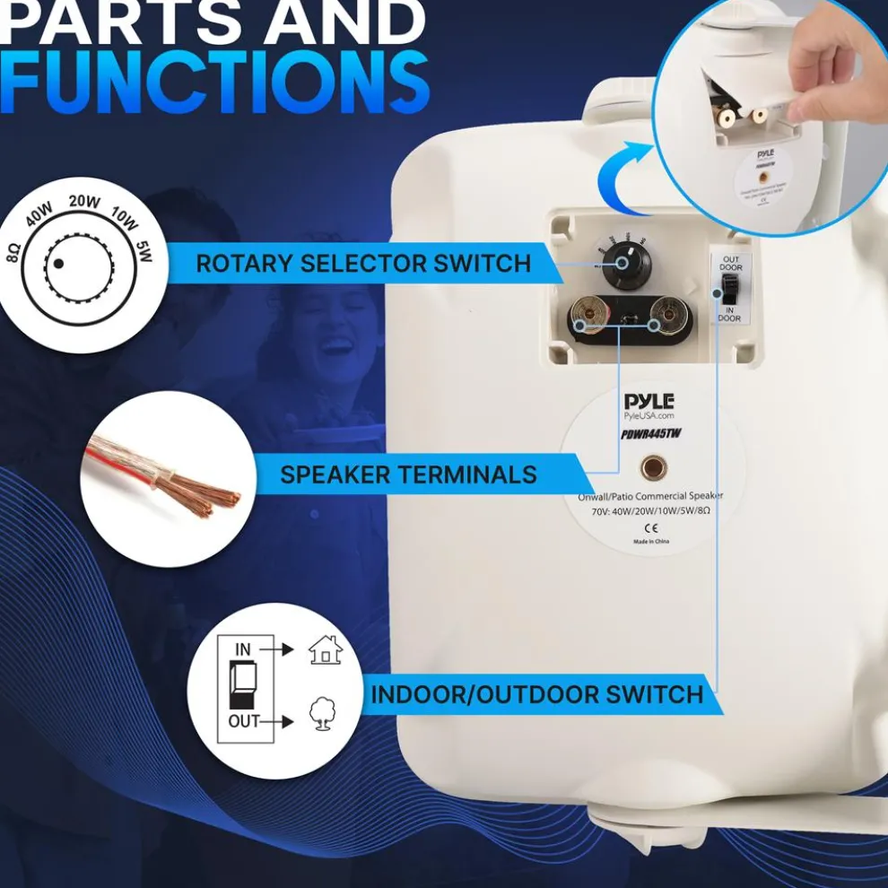 Outdoor Waterproof Speaker - Deep Bass, 2-Way Stereo, White