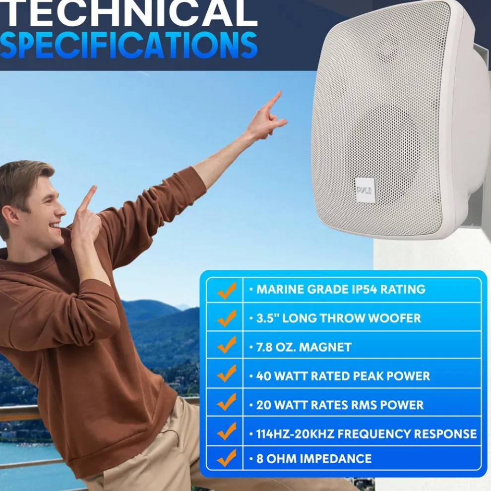 Outdoor Waterproof Speaker - Deep Bass, 2-Way Stereo, White