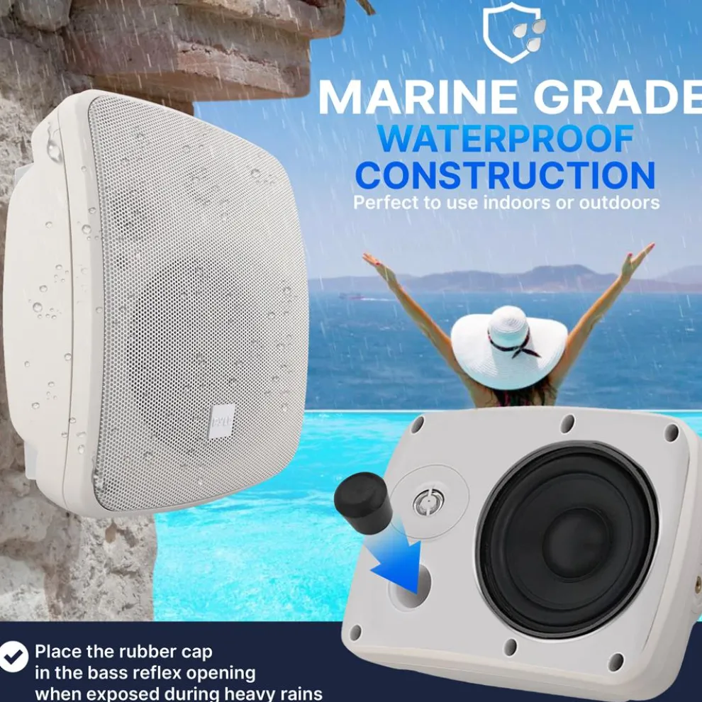 Outdoor Waterproof Speaker - Deep Bass, 2-Way Stereo, White