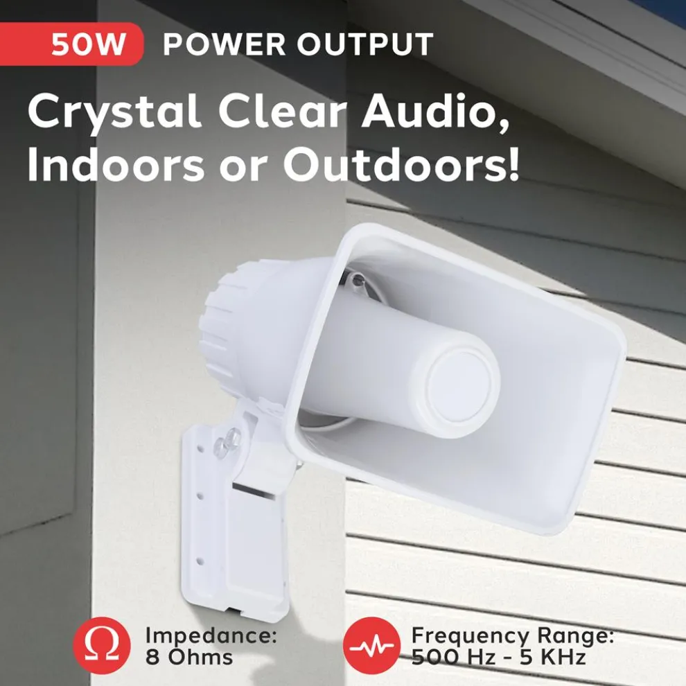 PA Horn Speaker 50W Clear Sound ABS White with Mounting Bracket