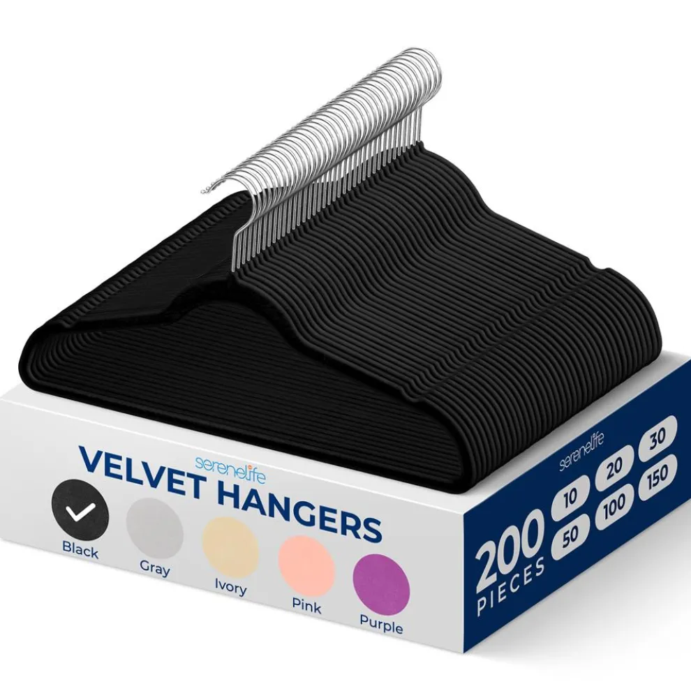 200-Pack Velvet Hangers Non-Slip 360¬∞ Swivel Hook Space-Saving Black