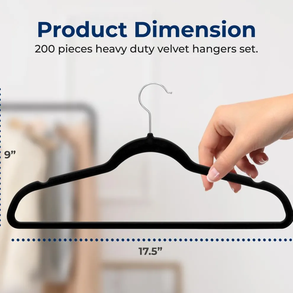 200-Pack Velvet Hangers Non-Slip 360° Swivel Hook Space-Saving Black