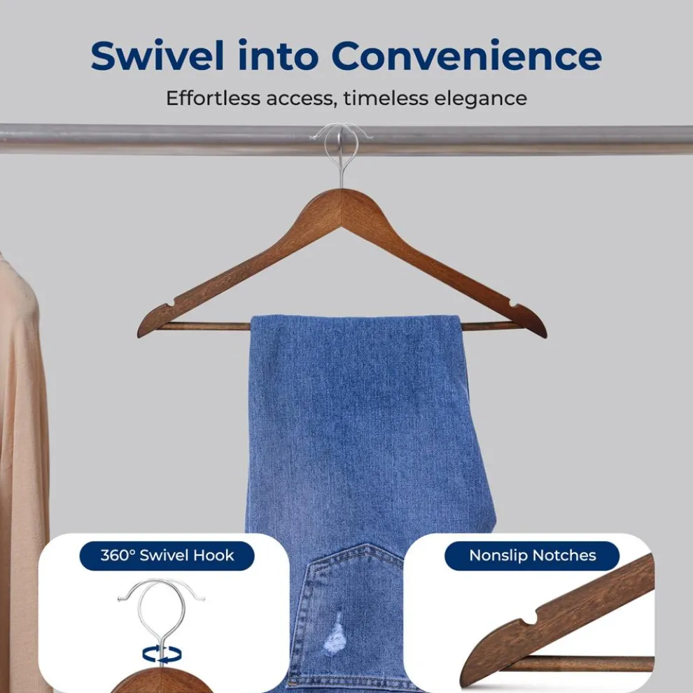 10-Pack Vintage Wooden Hangers - Space-Saving, 360° Swivel Hook