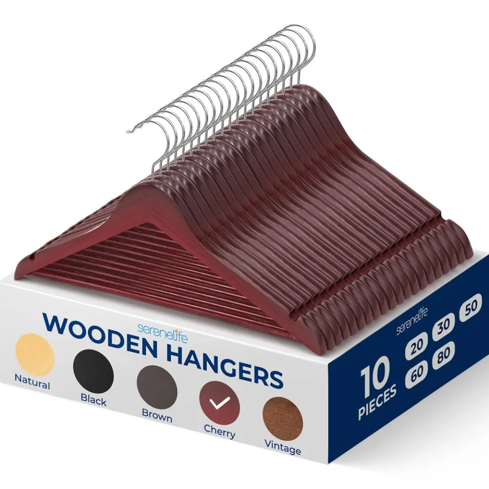 10-Pack Wooden Coat Hangers - Durable, Space-Saving, Cherry Finish