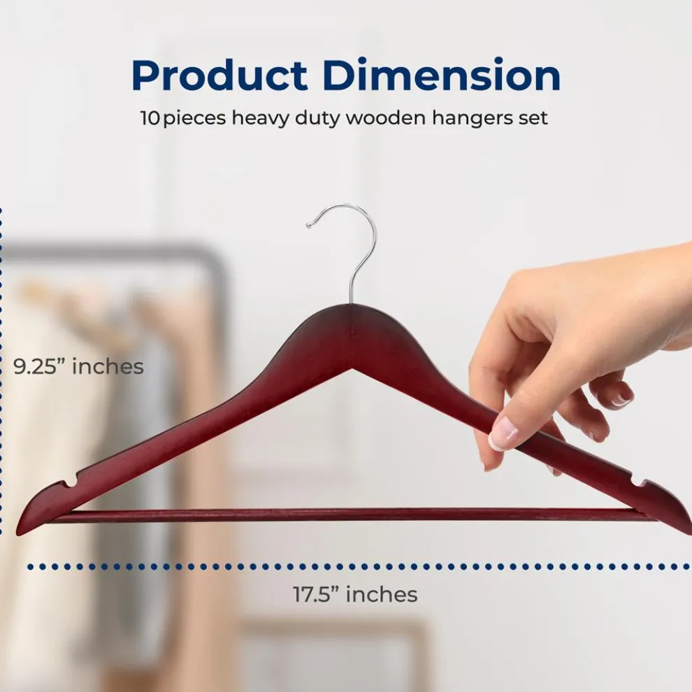 10-Pack Wooden Coat Hangers - Durable, Space-Saving, Cherry Finish