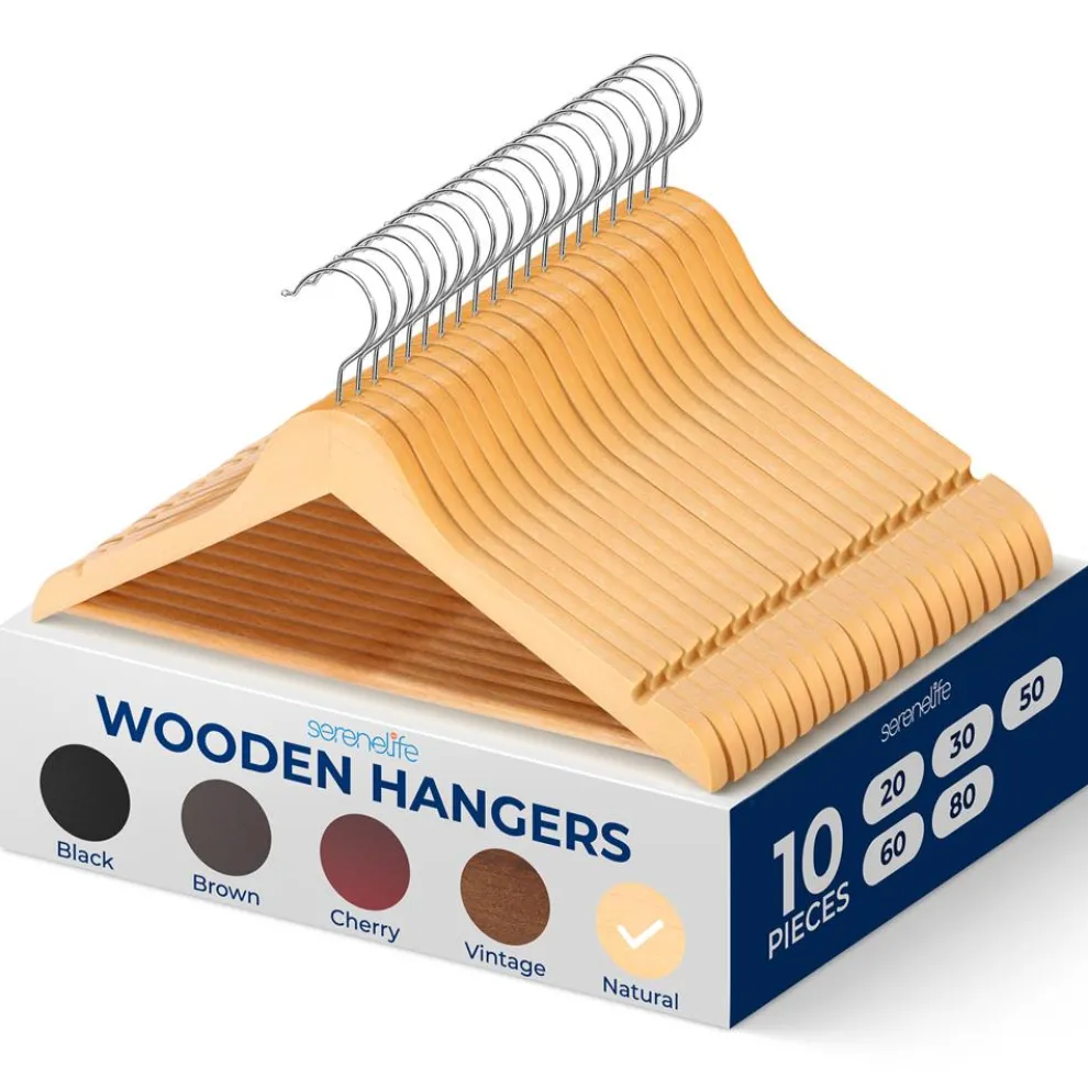 10-Pack Wooden Coat Hangers - Durable, Space-Saving, 360¬∞ Swivel Hook Natural