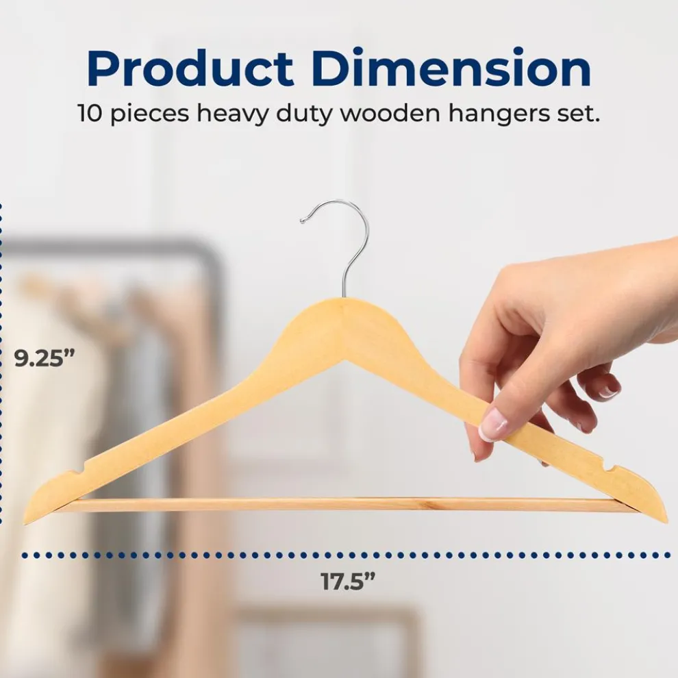 10-Pack Wooden Coat Hangers - Durable, Space-Saving, 360° Swivel Hook Natural
