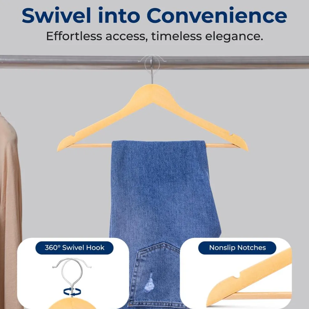 10-Pack Wooden Coat Hangers - Durable, Space-Saving, 360° Swivel Hook Natural