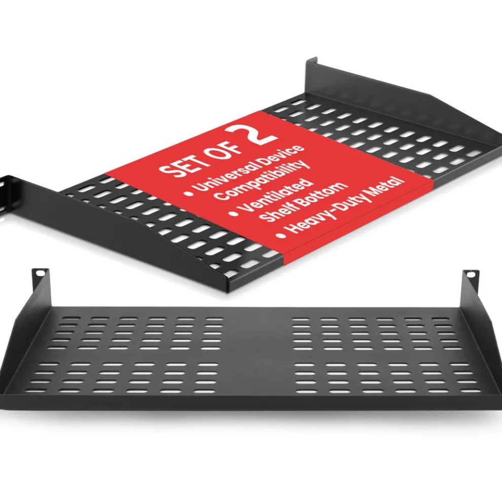 2-Pc 1U Server Rack Shelf, Vented Steel, 110 lbs Capacity