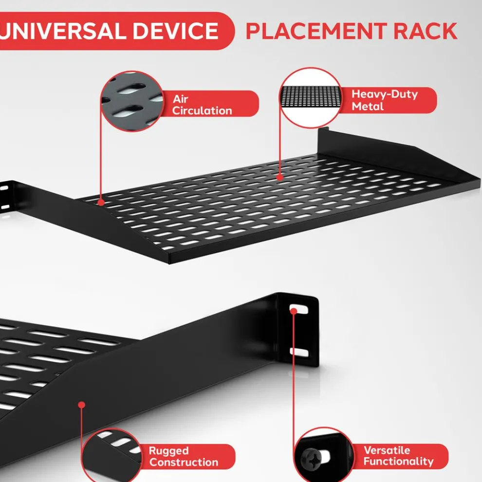 2-Pc 1U Server Rack Shelf, Vented Steel, 110 lbs Capacity