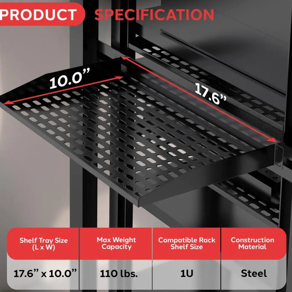 2-Pc 1U Server Rack Shelf, Vented Steel, 110 lbs Capacity