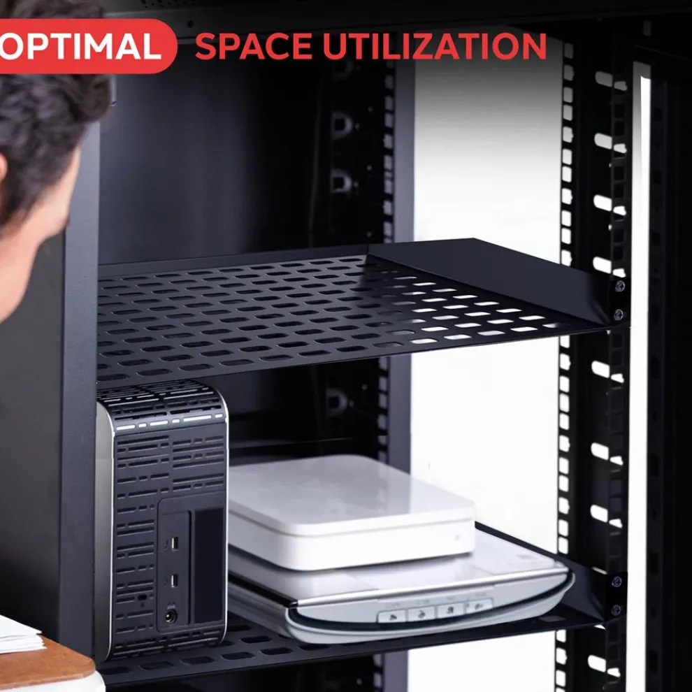 2-Pc 1U Server Rack Shelf, Vented Steel, 110 lbs Capacity