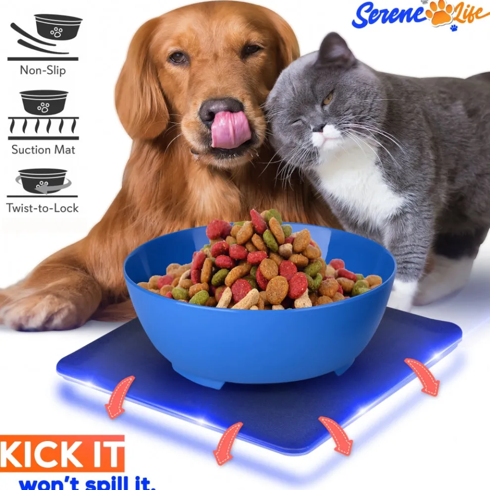 Pet Bowl & Mat Set, Mess-Free Feeding, Non-Slip, Easy Clean, Blue