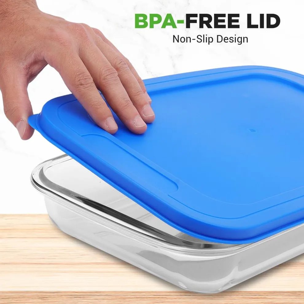 8-Piece Glass Bakeware Set, Stackable, Borosilicate, Blue Lids