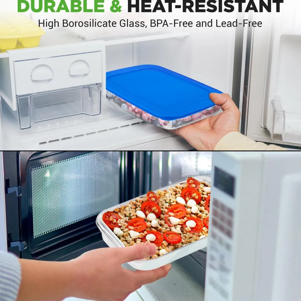 8-Piece Glass Bakeware Set, Stackable, Borosilicate, Blue Lids