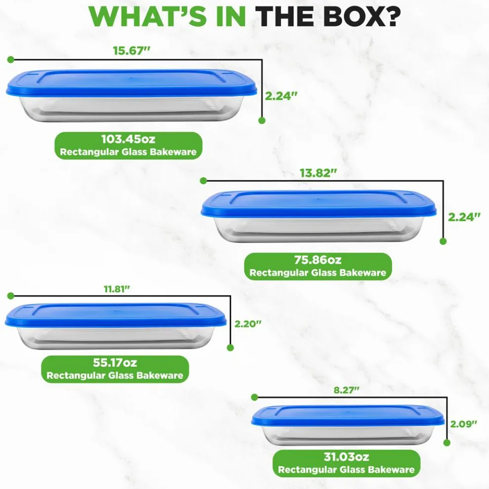 8-Piece Glass Bakeware Set, Stackable, Borosilicate, Blue Lids
