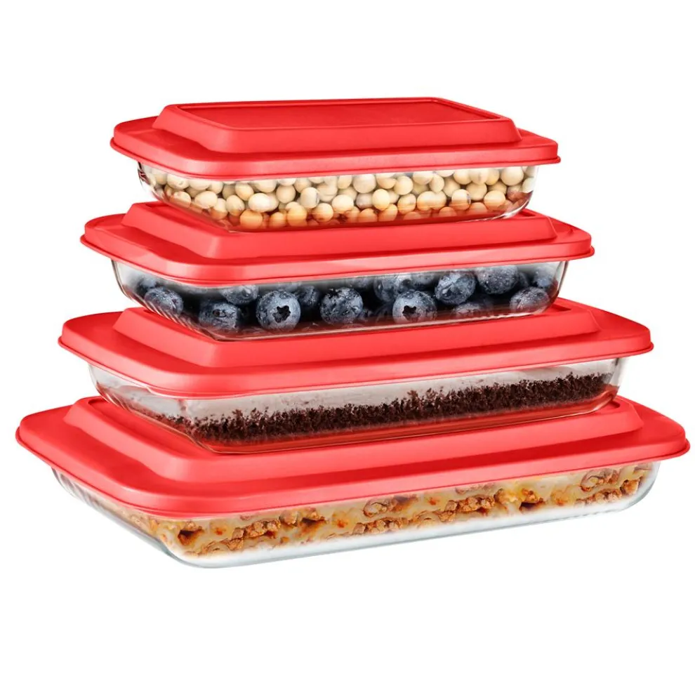 8-Piece Glass Baking Dish Set - Oven Safe, Borosilicate, Red