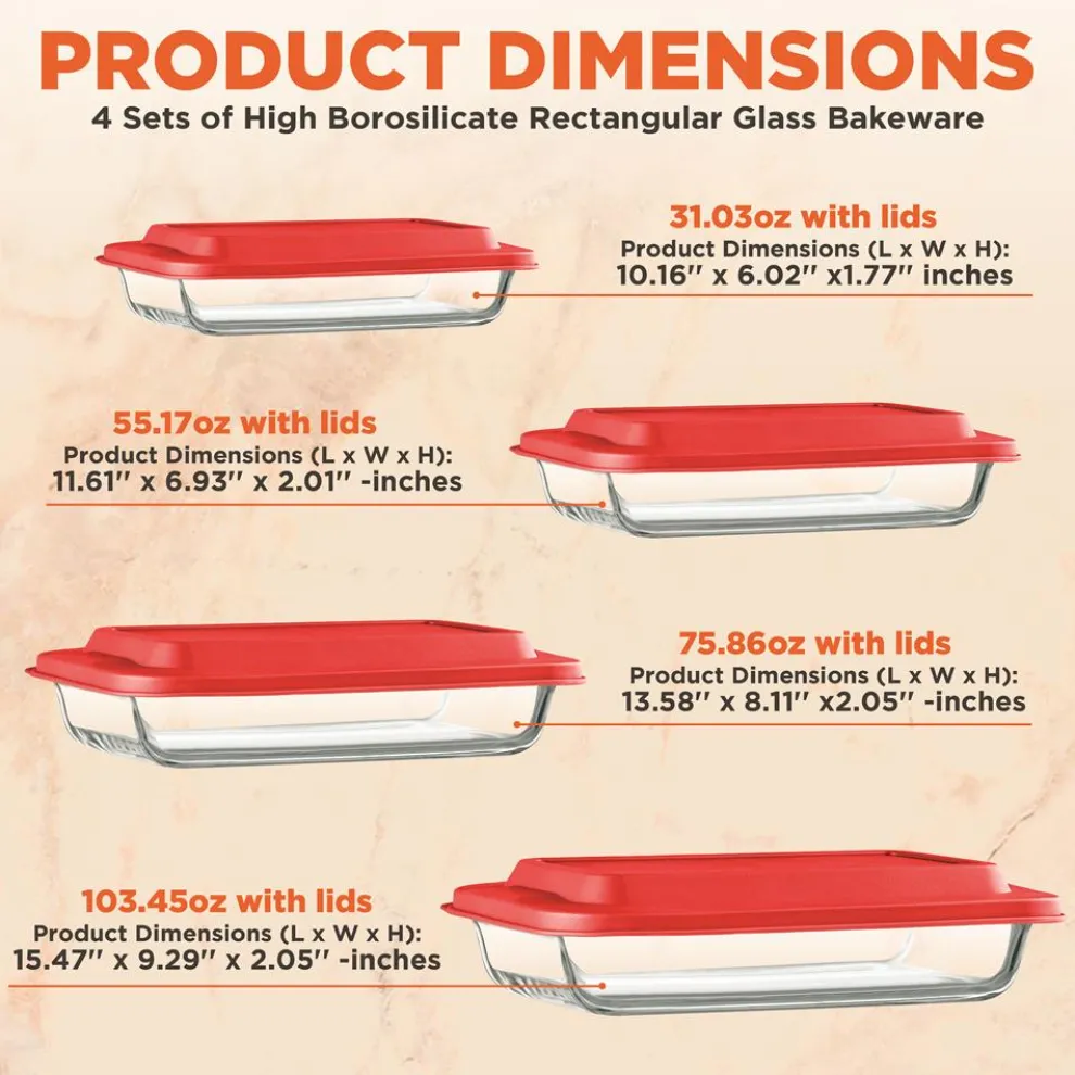 8-Piece Glass Baking Dish Set - Oven Safe, Borosilicate, Red