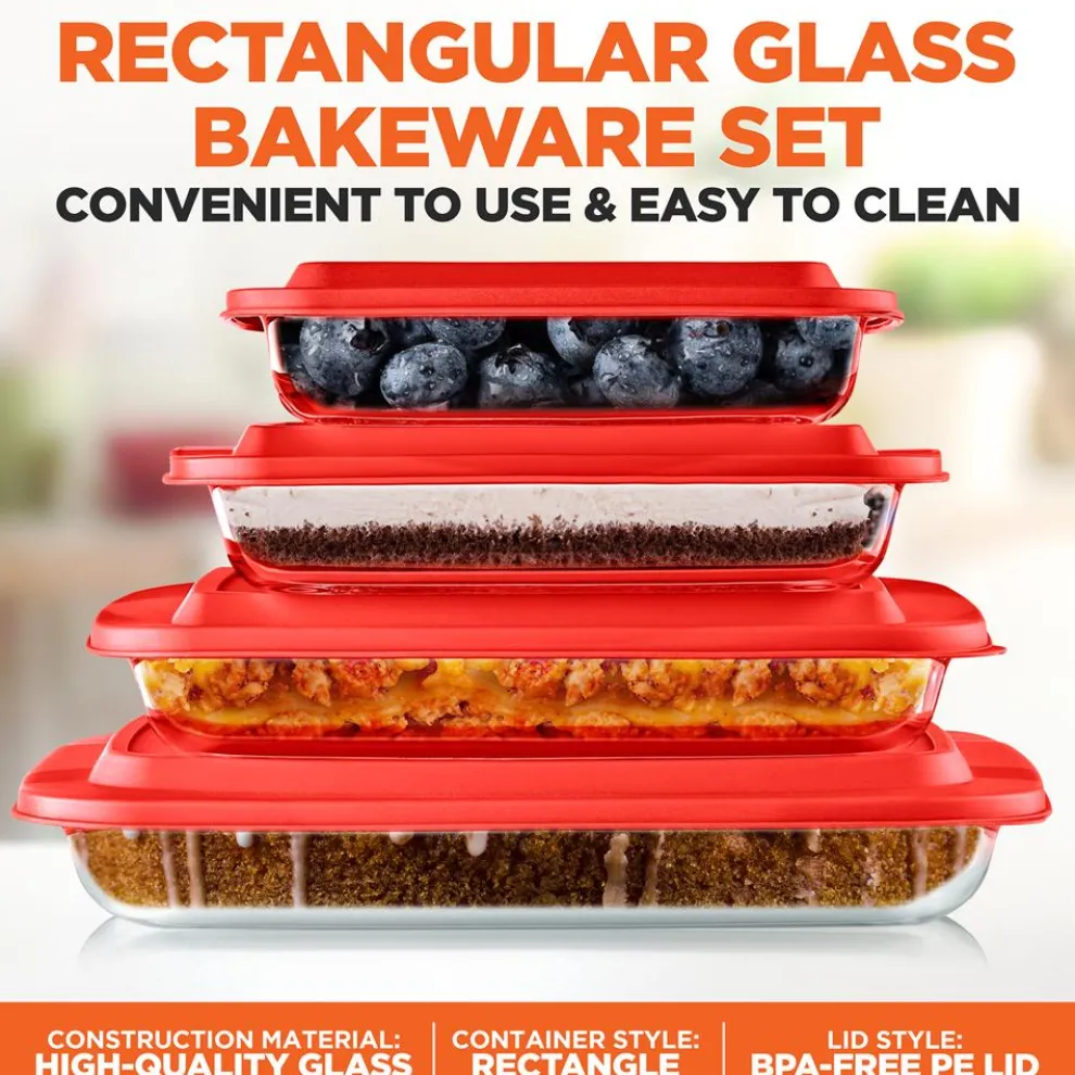 8-Piece Glass Baking Dish Set - Oven Safe, Borosilicate, Red