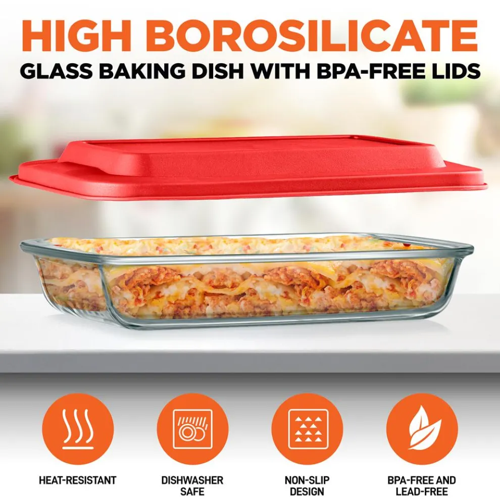 8-Piece Glass Baking Dish Set - Oven Safe, Borosilicate, Red