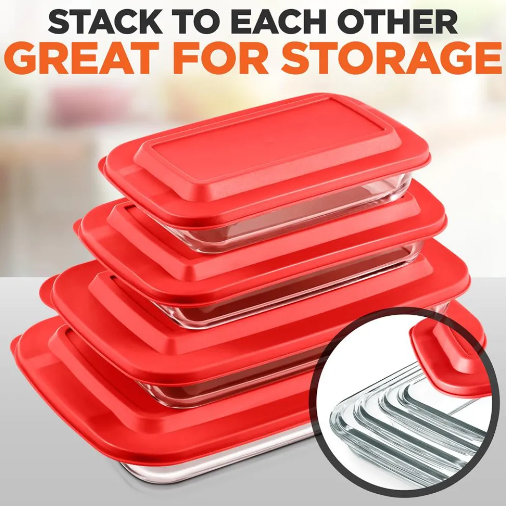 8-Piece Glass Baking Dish Set - Oven Safe, Borosilicate, Red