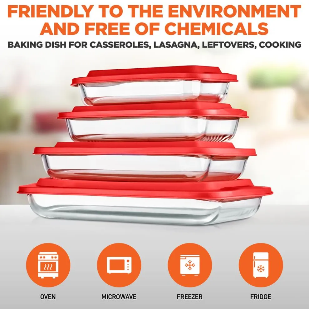 8-Piece Glass Baking Dish Set - Oven Safe, Borosilicate, Red