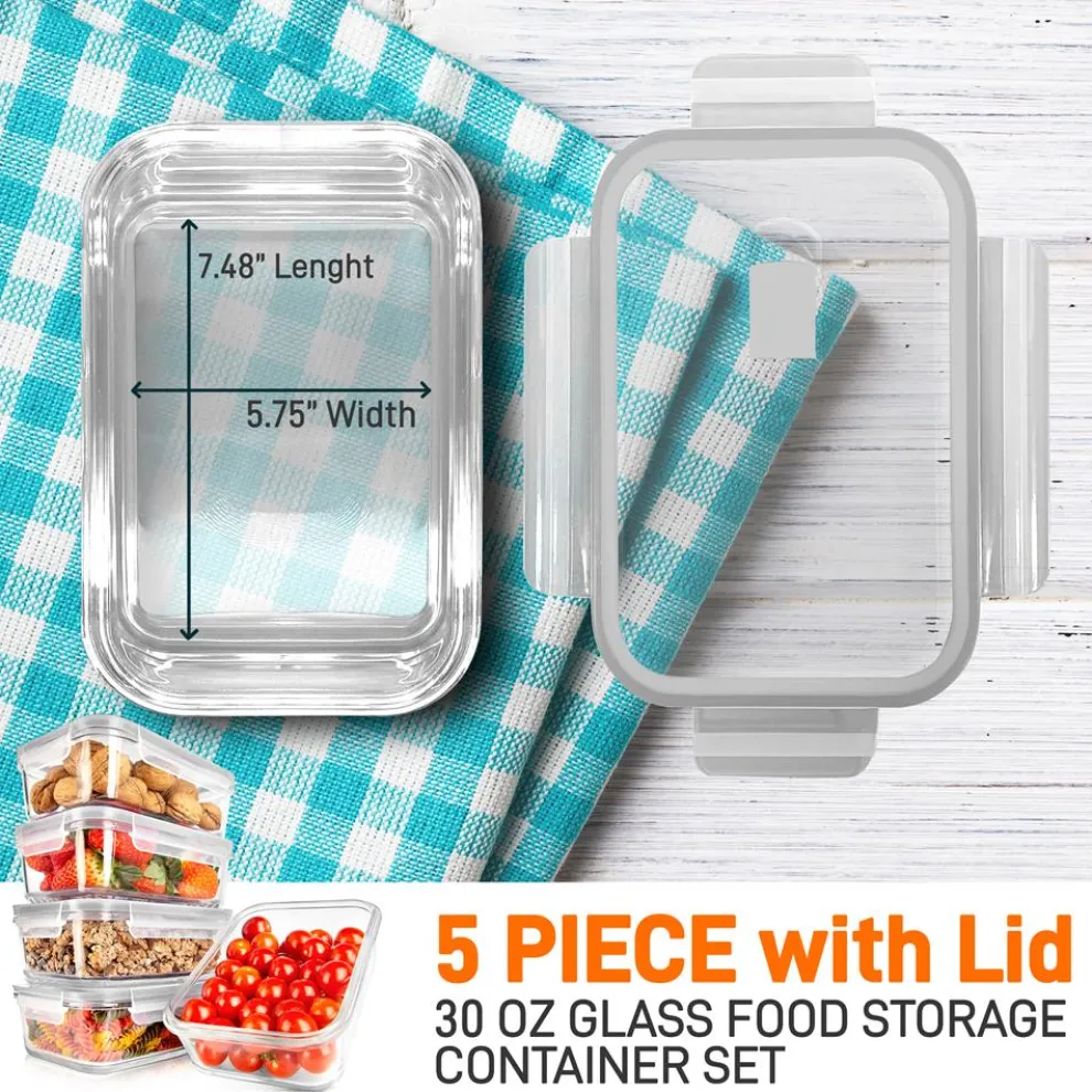 10-Piece Glass Food Storage Set, Leak-Proof, Borosilicate, Gray