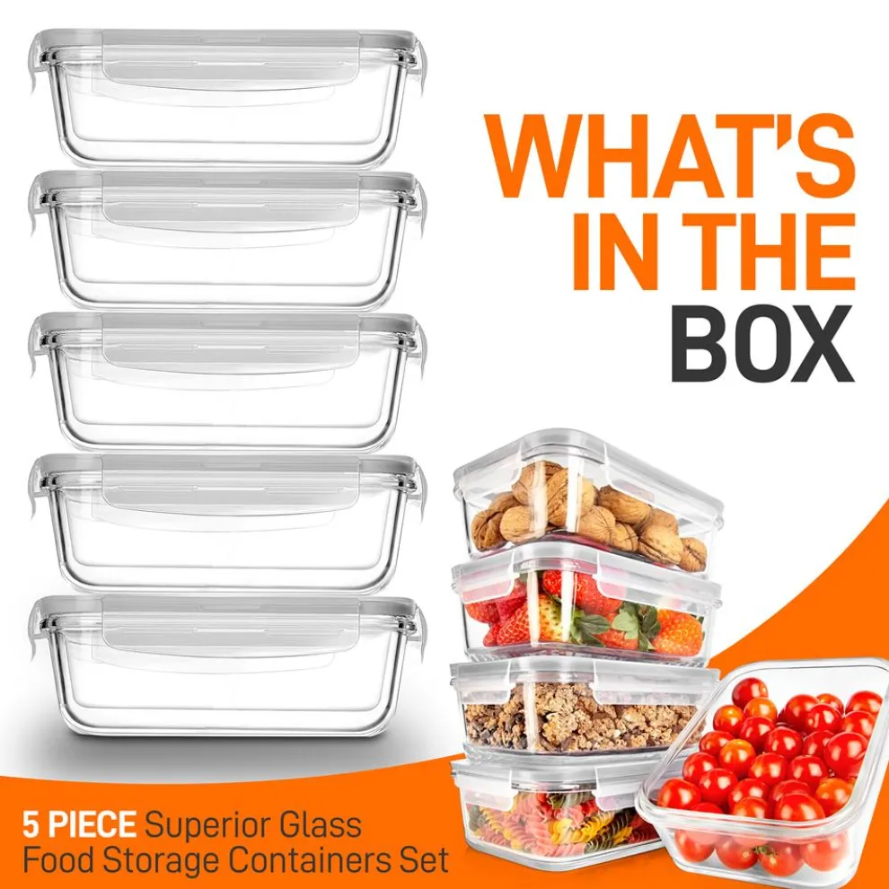 10-Piece Glass Food Storage Set, Leak-Proof, Borosilicate, Gray