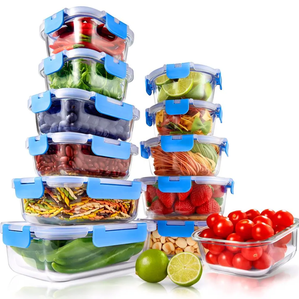 24-Piece Glass Food Storage Set, Airtight Leak-Proof, Blue