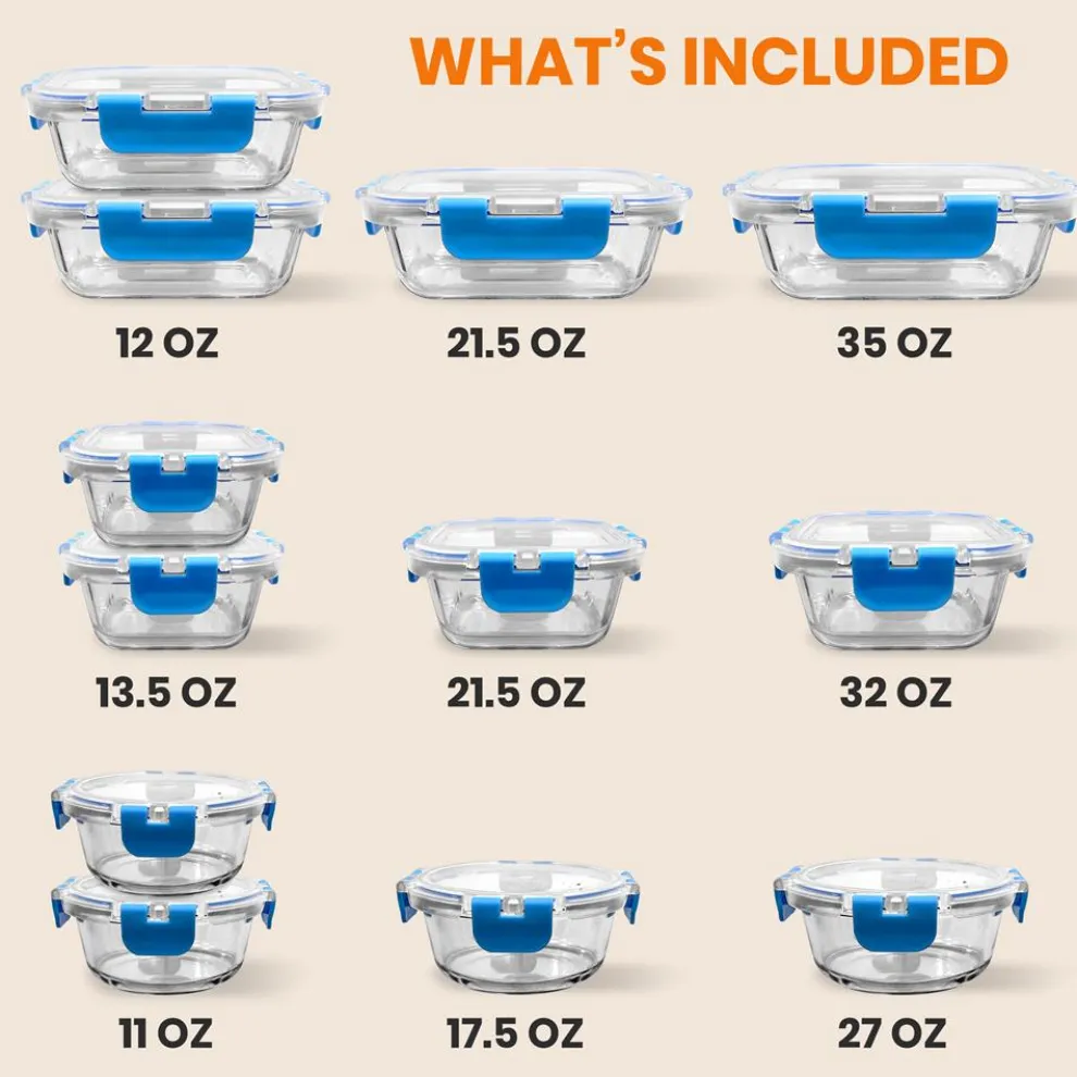 24-Piece Glass Food Storage Set, Airtight Leak-Proof, Blue