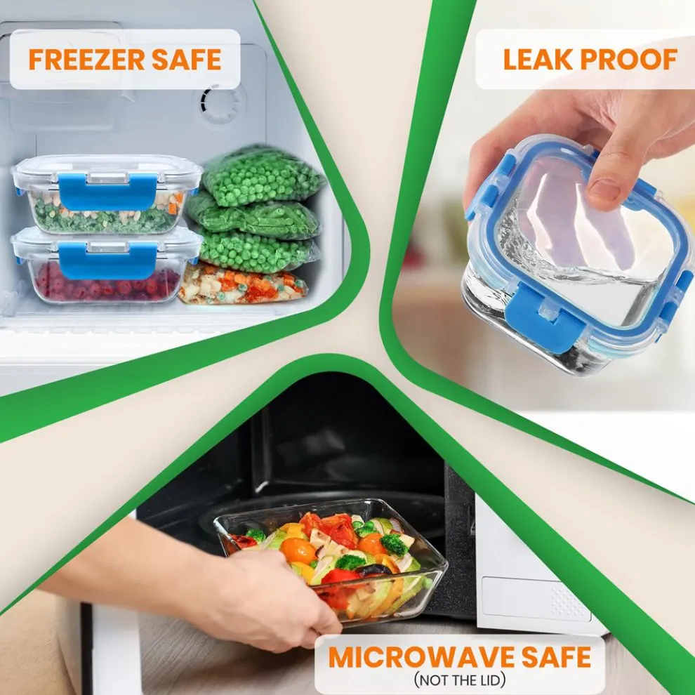 24-Piece Glass Food Storage Set, Airtight Leak-Proof, Blue