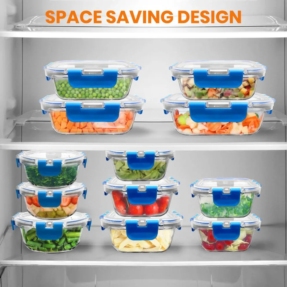 24-Piece Glass Food Storage Set, Airtight Leak-Proof, Blue