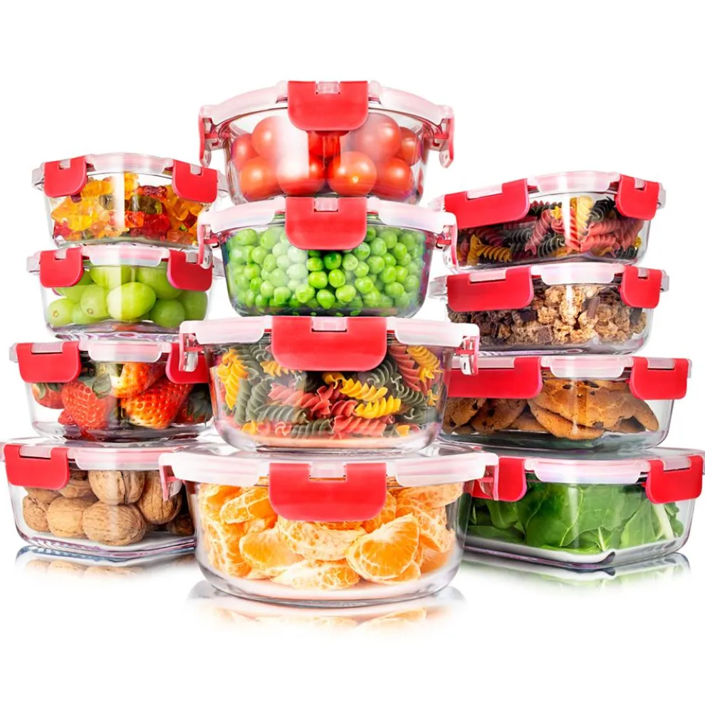 24-Piece Glass Storage Set, Leak-Proof, High Borosilicate, Red Lids