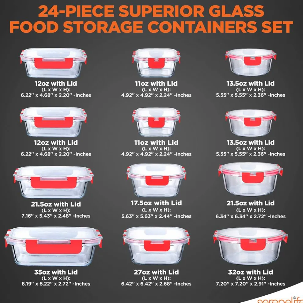 24-Piece Glass Storage Set, Leak-Proof, High Borosilicate, Red Lids