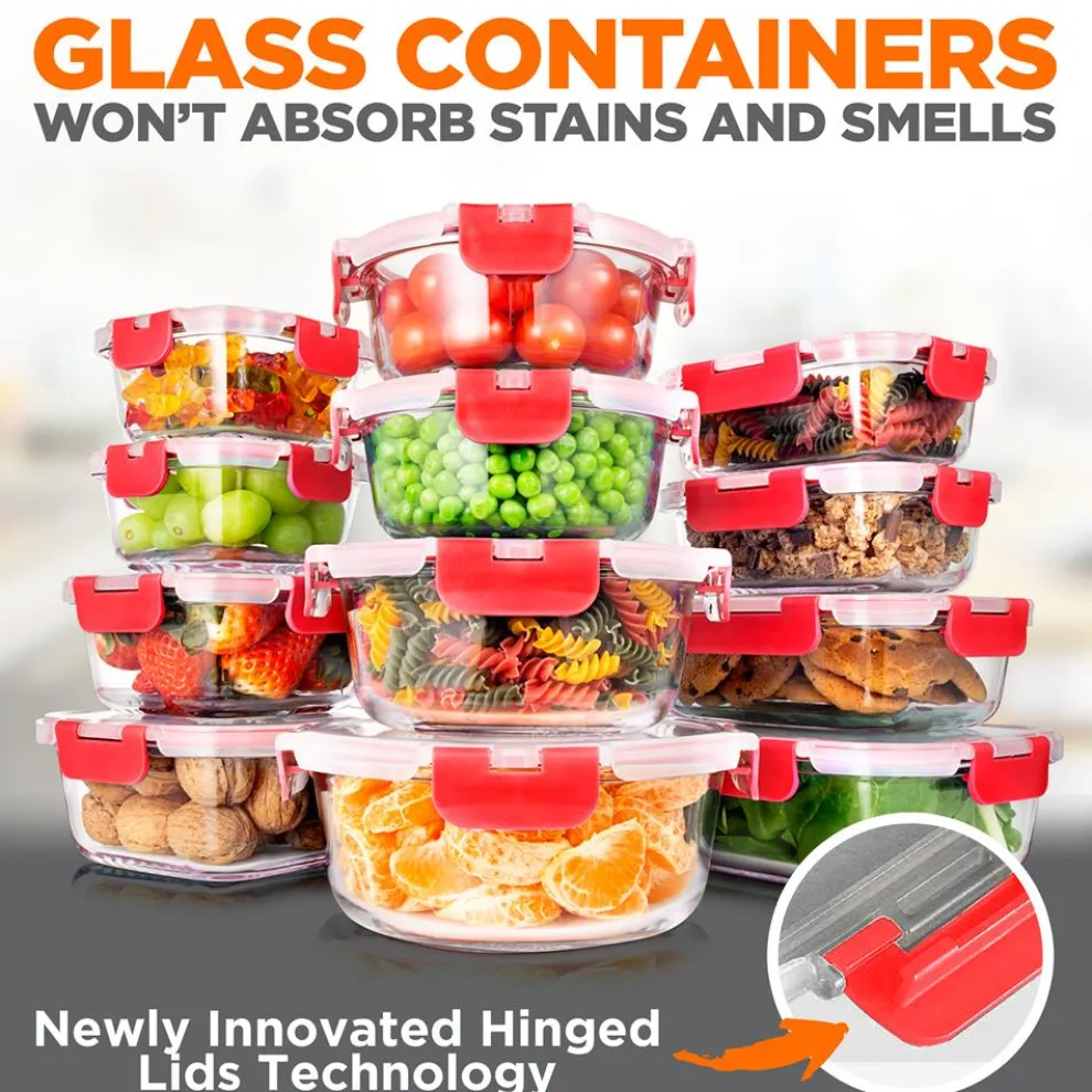 24-Piece Glass Storage Set, Leak-Proof, High Borosilicate, Red Lids