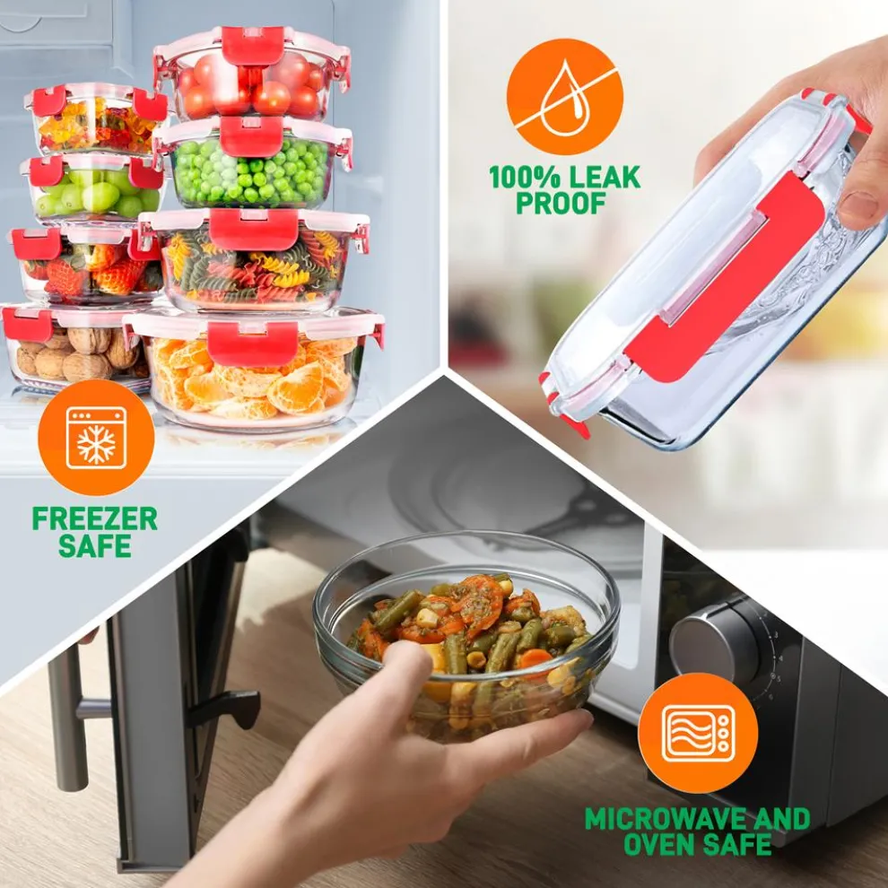 24-Piece Glass Storage Set, Leak-Proof, High Borosilicate, Red Lids