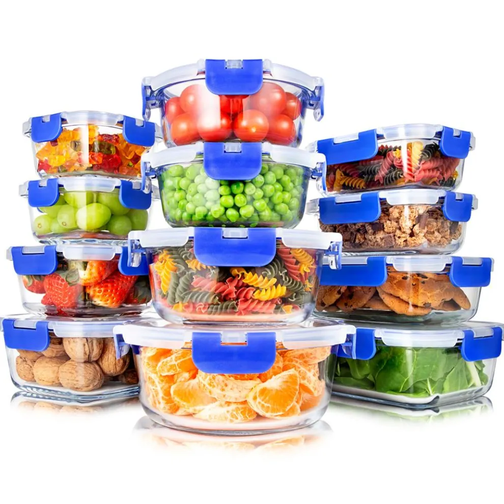 24-Piece Glass Storage Set, Leak-Proof, High Borosilicate, Blue
