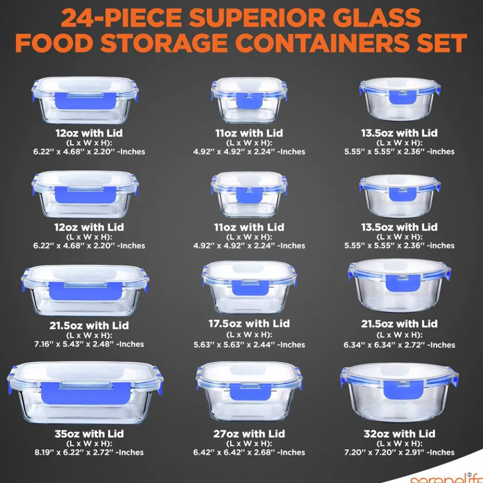 24-Piece Glass Storage Set, Leak-Proof, High Borosilicate, Blue