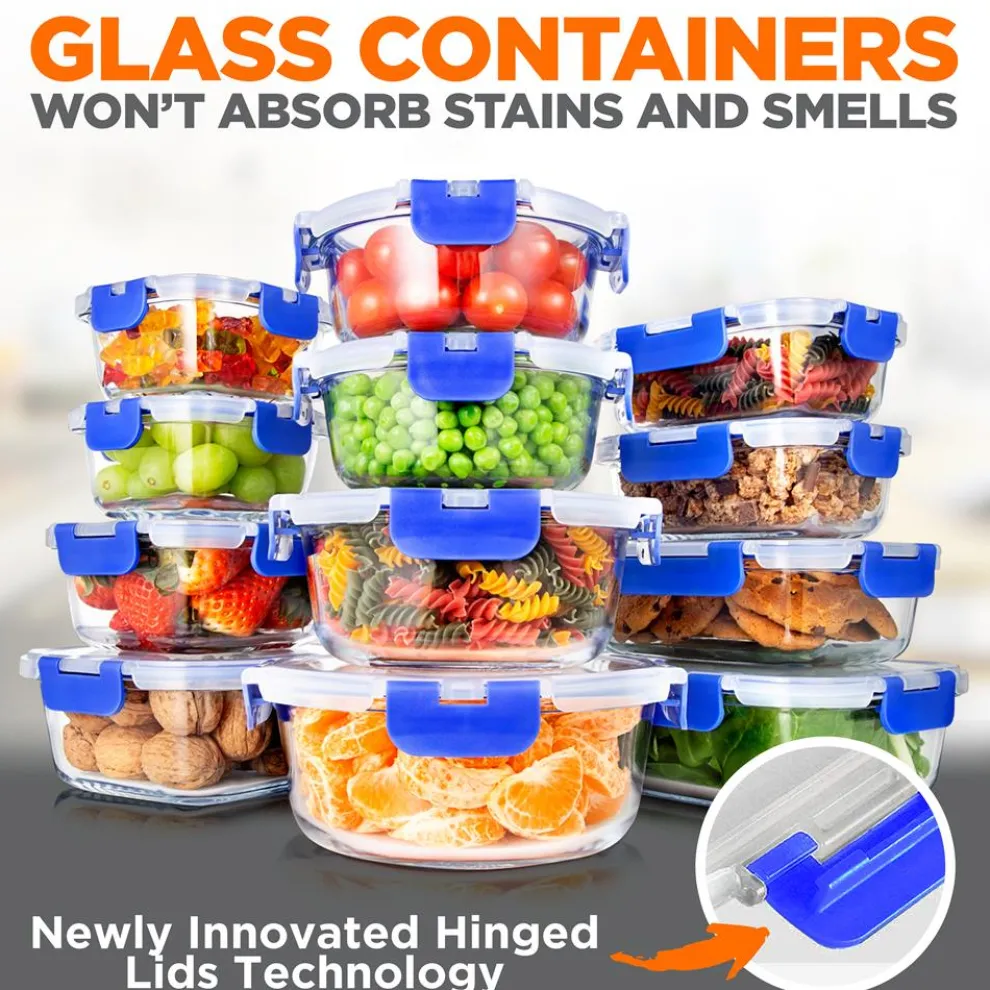 24-Piece Glass Storage Set, Leak-Proof, High Borosilicate, Blue