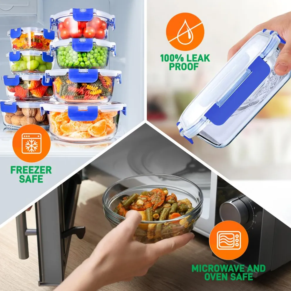 24-Piece Glass Storage Set, Leak-Proof, High Borosilicate, Blue