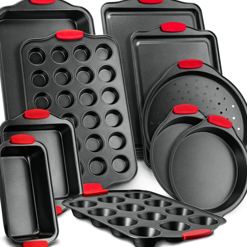 10-Piece Nonstick Bakeware Set, Easy Clean Carbon Steel, Red Handles