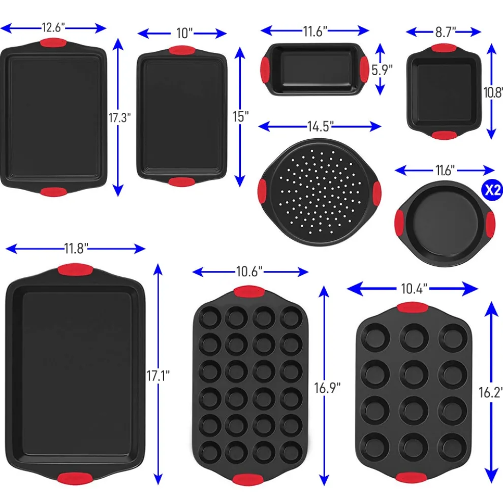 10-Piece Nonstick Bakeware Set, Easy Clean Carbon Steel, Red Handles