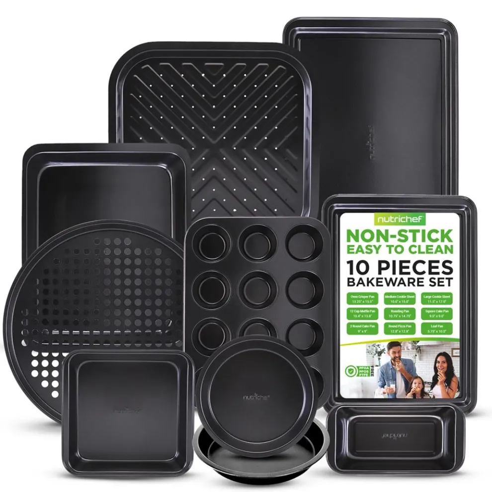 10-Piece Nonstick Bakeware Set - Easy Release Carbon Steel, Gray