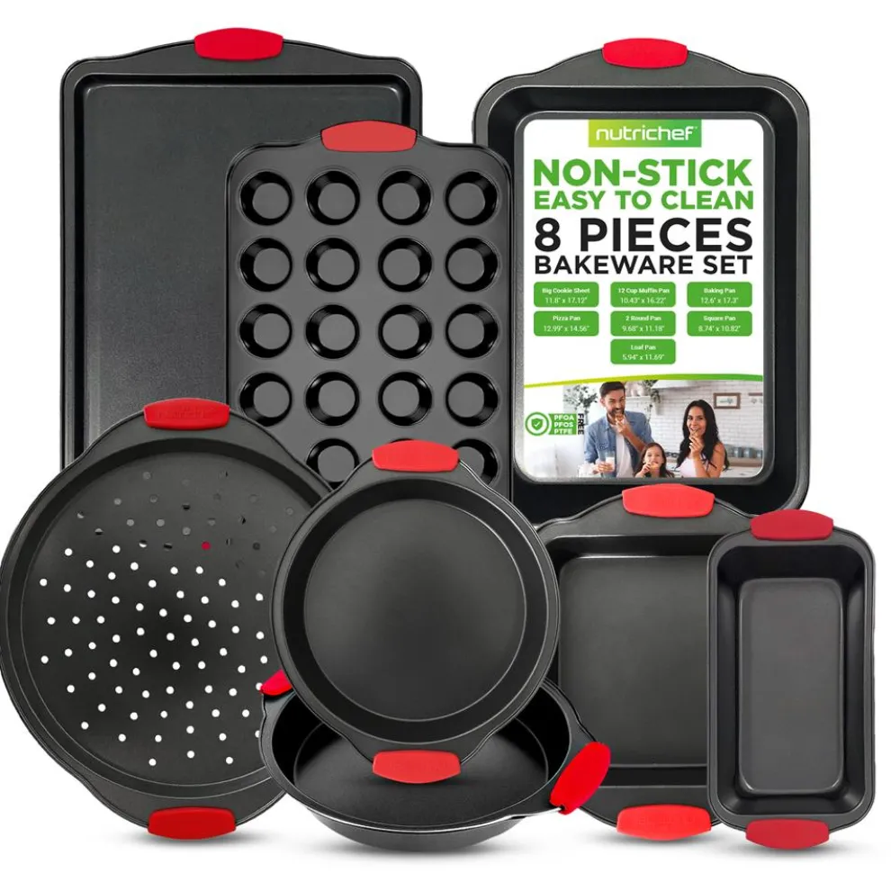 8-Piece Nonstick Bakeware Set, Carbon Steel, Red Silicone Handles
