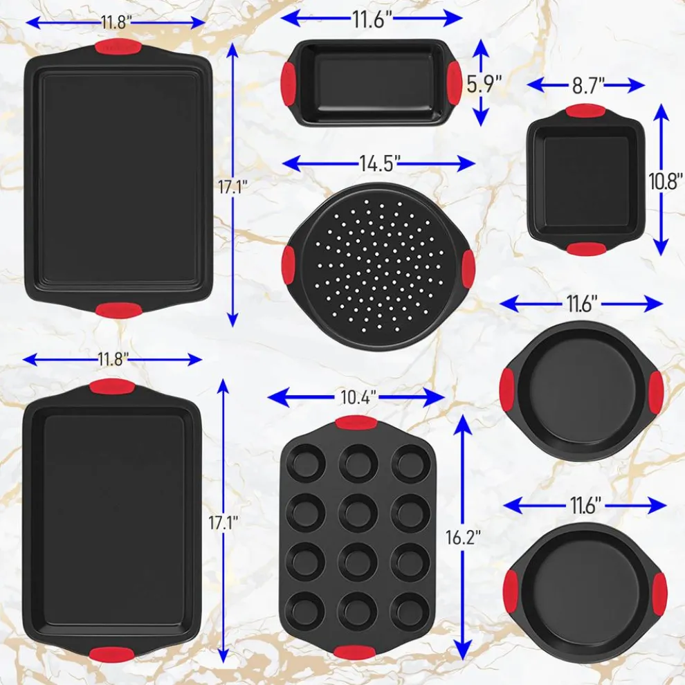 8-Piece Nonstick Bakeware Set, Carbon Steel, Red Silicone Handles