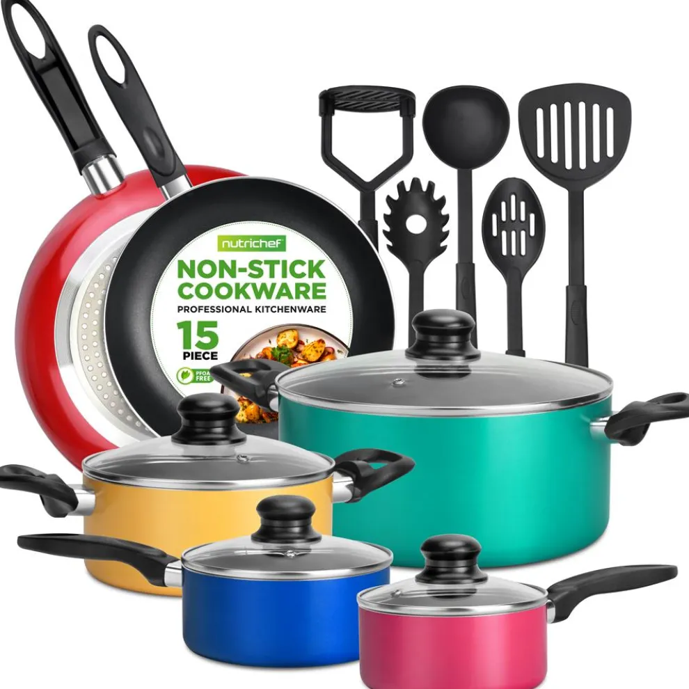 15-Piece Non-Stick Cookware Set, Even Heat, Colorful Lacquer Finish